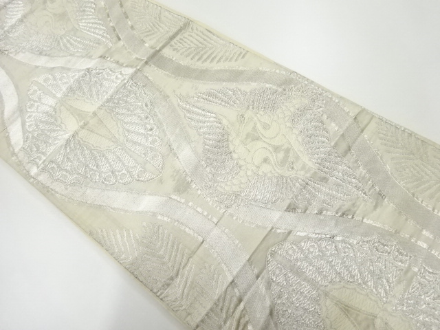 JAPANESE KIMONO / ANTIQUE FUKURO OBI / SILK / WOVEN TATEWAKU & CRANES & BUTTERFLY